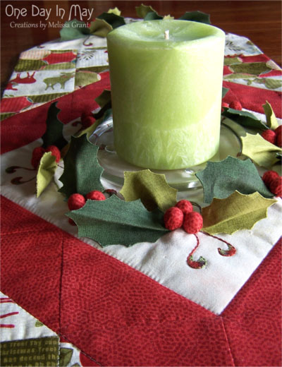 Deck The Halls ~ Table Runner candle closeup